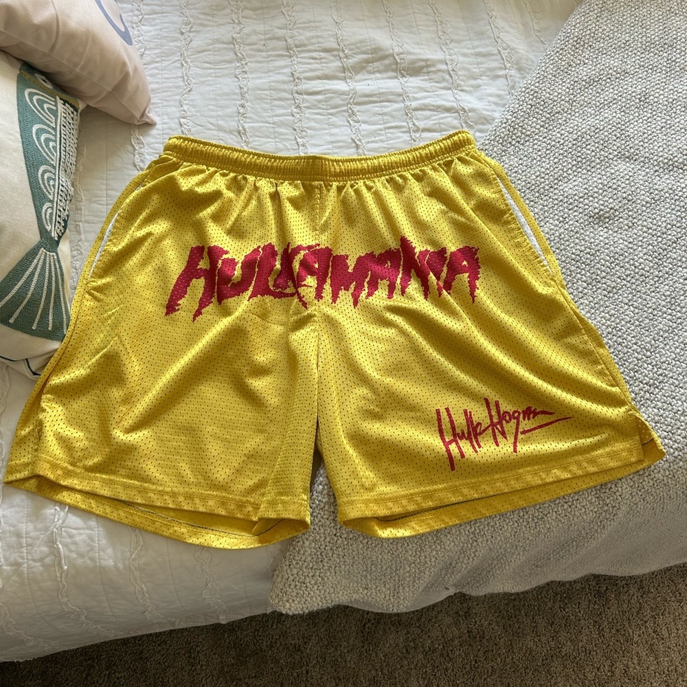 Hulkamania Yellow Athletic Mesh Shorts with Red Graphic